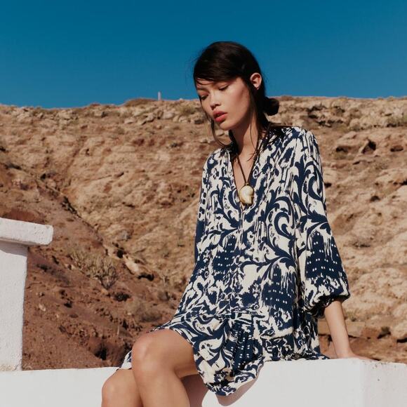 Zara Printed Tunic Mini Dress Blue White L Bohemian Peasant Long Sleeve Flowy - Picture 1 of 6